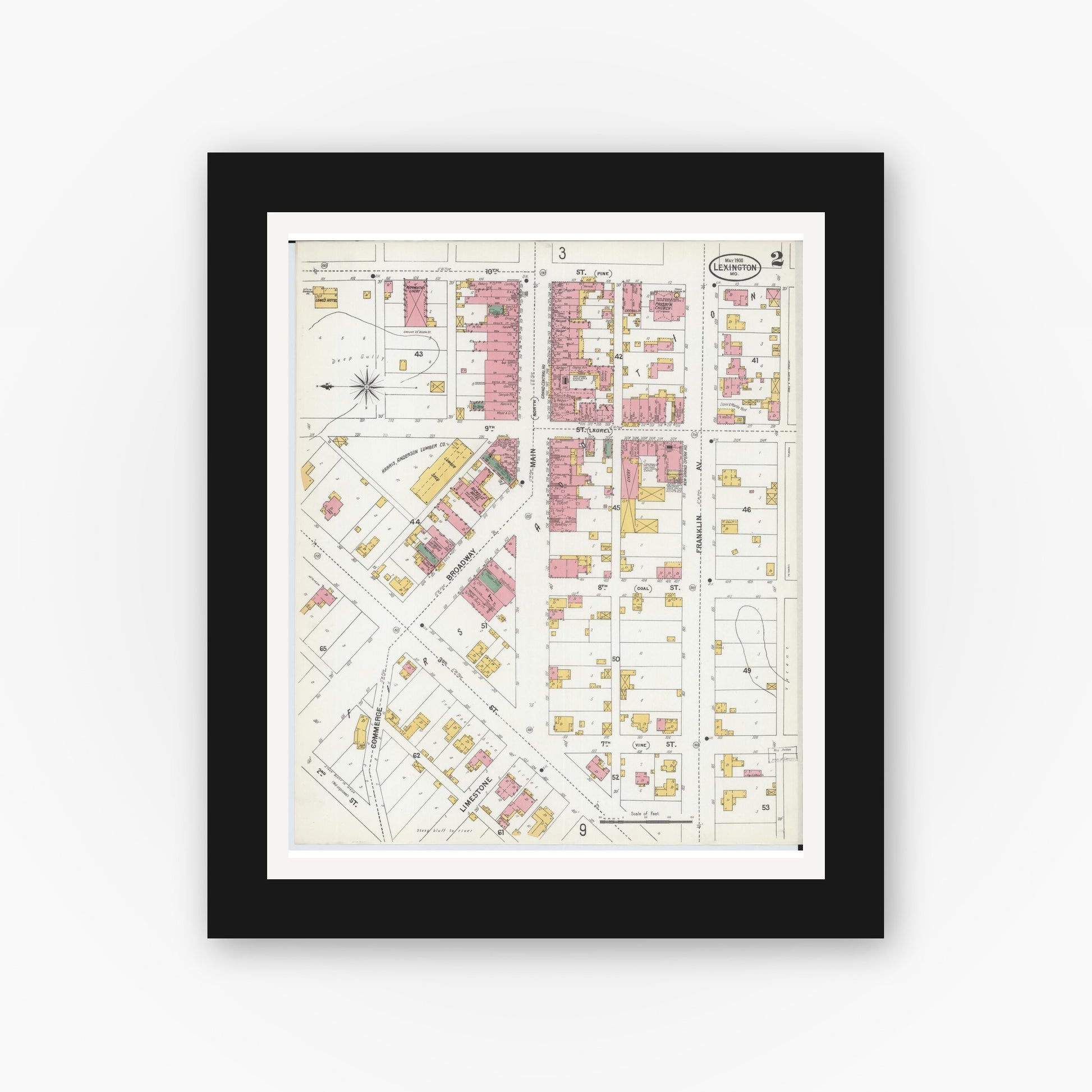 Old map wall art mockup — black gallery frame with white mat — Sanborn Fire Insurance Map from Lexington, Lafayette County, Missouri (1900), Sheet #0002