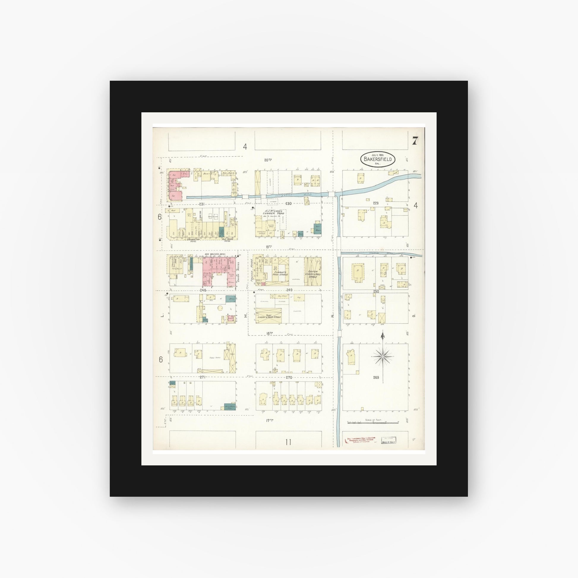 Old map wall art mockup — black gallery frame with white mat — Sanborn Fire Insurance Map from Bakersfield, Kern County, California (1899), Sheet #0007