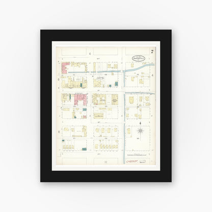Old map wall art mockup — black gallery frame with white mat — Sanborn Fire Insurance Map from Bakersfield, Kern County, California (1899), Sheet #0007