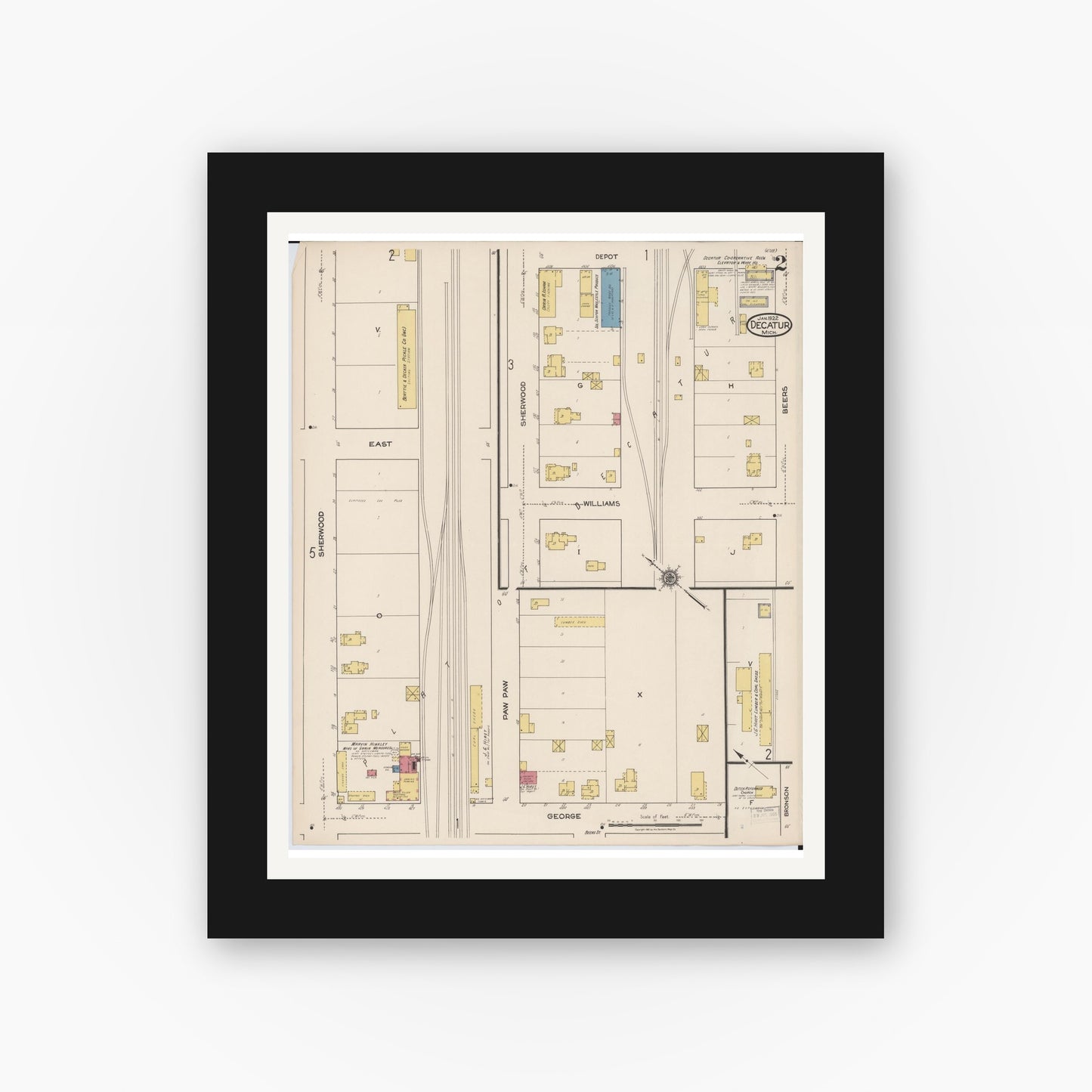 Old map wall art mockup — black gallery frame with white mat — Sanborn Fire Insurance Map from Decatur, Van Buren County, Michigan (1922), Sheet #0002