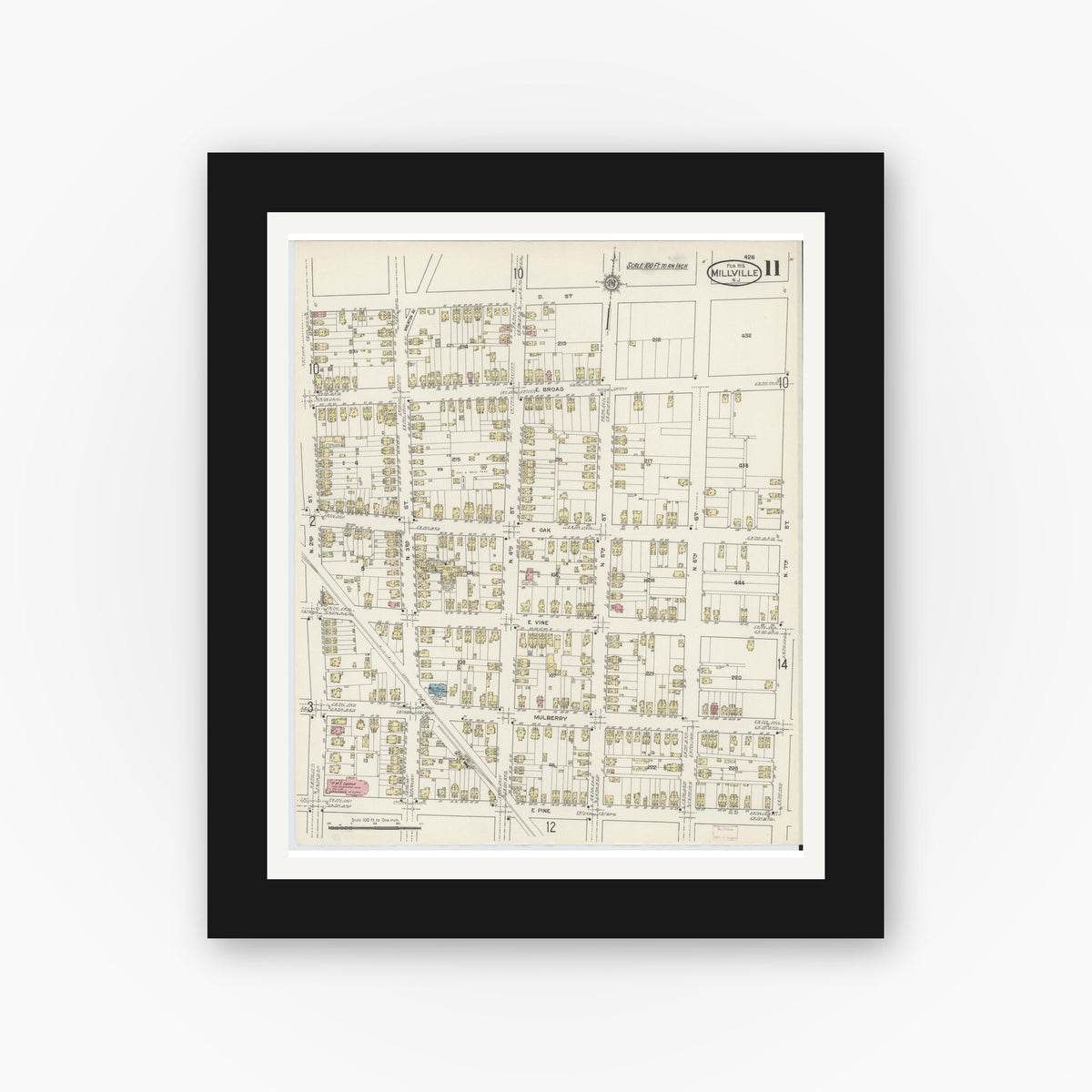 Old map wall art mockup — black gallery frame with white mat — Sanborn Fire Insurance Map from Millville, Cumberland County, New Jersey (1915), Sheet #0011