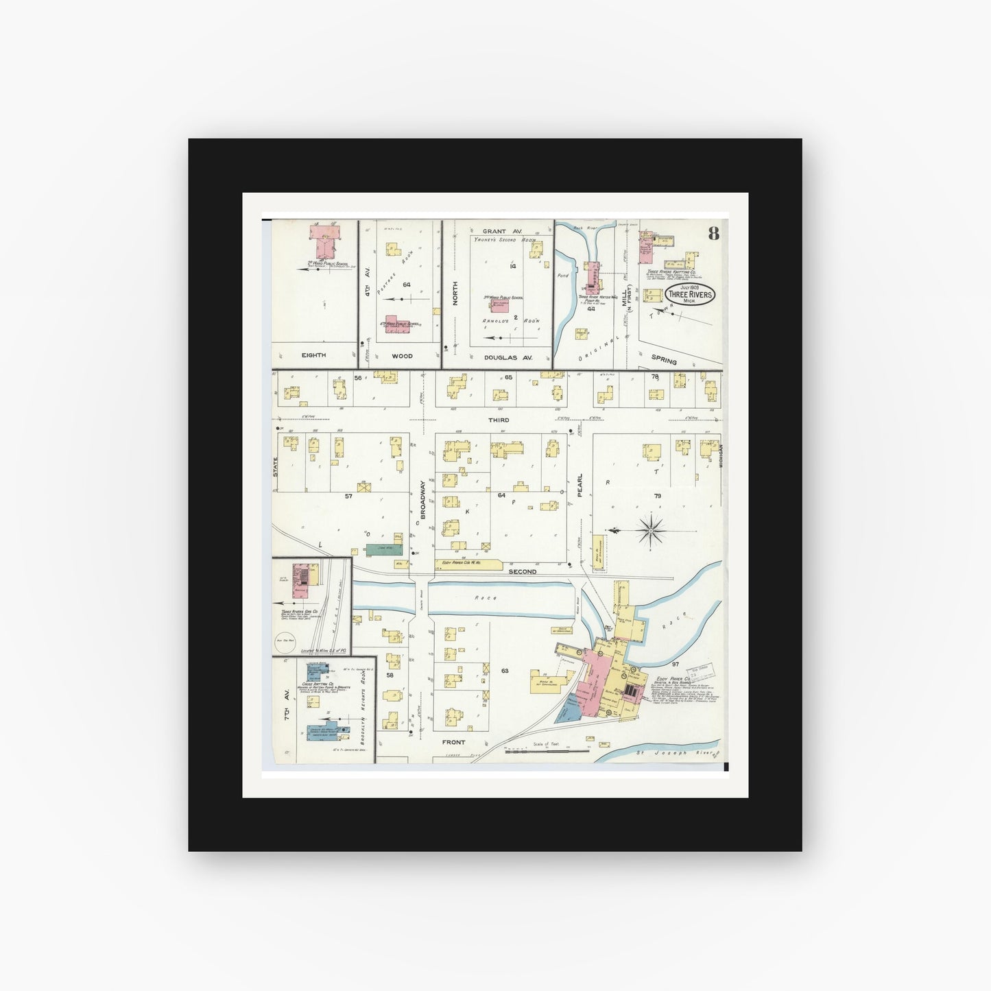 Old map wall art mockup — black gallery frame with white mat — Sanborn Fire Insurance Map from Three Rivers, Saint Joseph County, Michigan (1909), Sheet #0008
