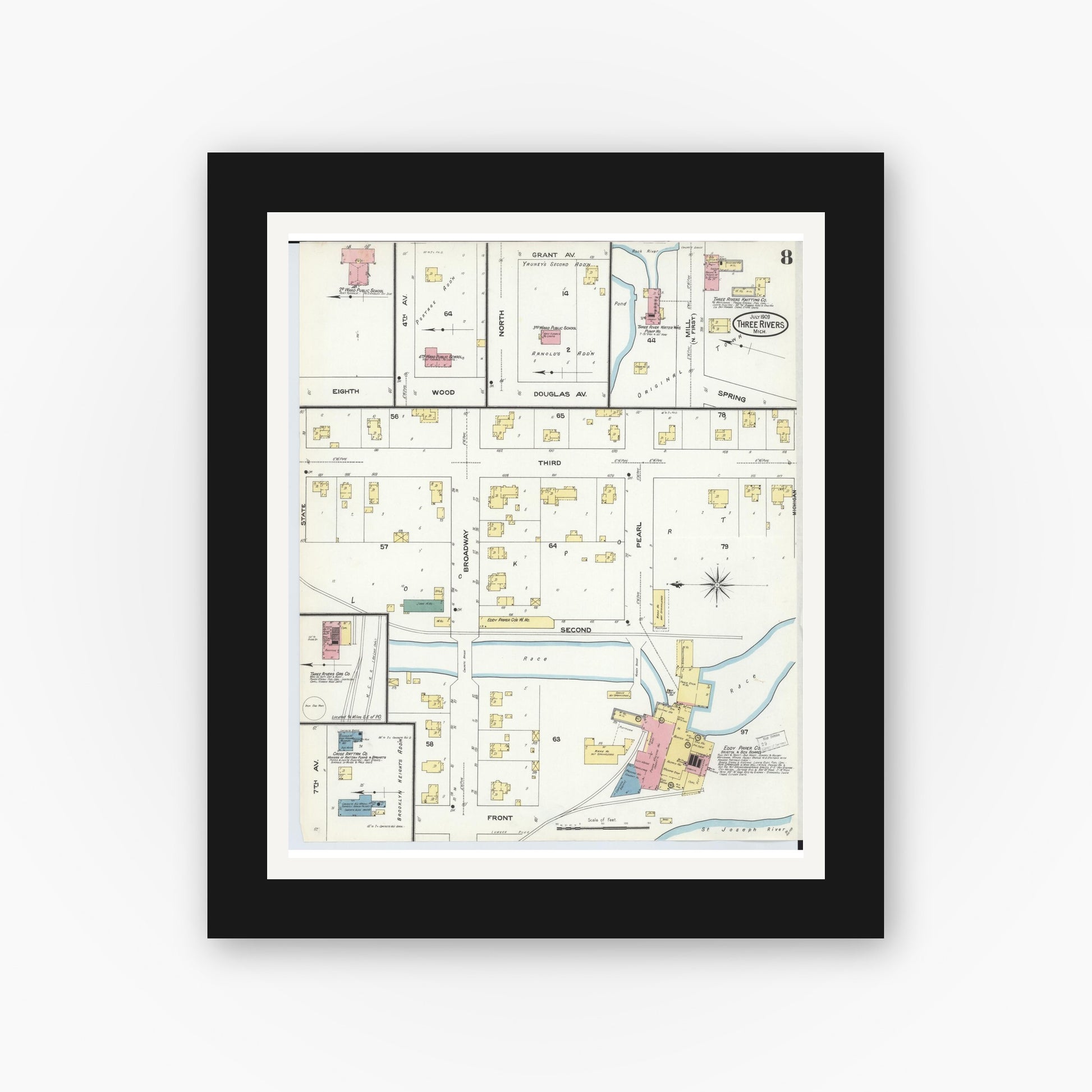 Old map wall art mockup — black gallery frame with white mat — Sanborn Fire Insurance Map from Three Rivers, Saint Joseph County, Michigan (1909), Sheet #0008