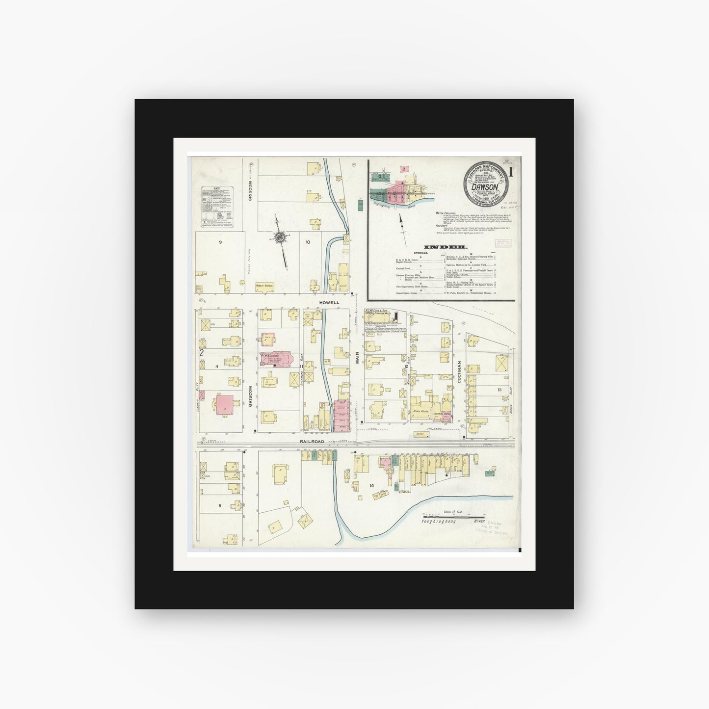 Old map wall art mockup — black gallery frame with white mat — Sanborn Fire Insurance Map from Dawson, Fayette County, Pennsylvania (1910), Sheet #0001