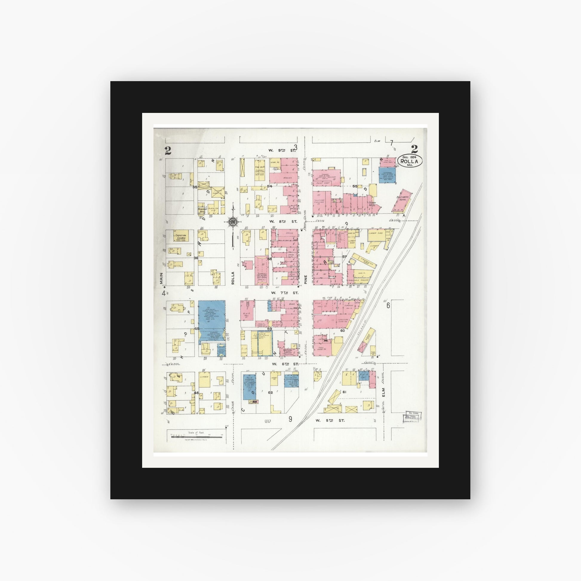 Old map wall art mockup — black gallery frame with white mat — Sanborn Fire Insurance Map from Rolla, Phelps County, Missouri (1924), Sheet #0002