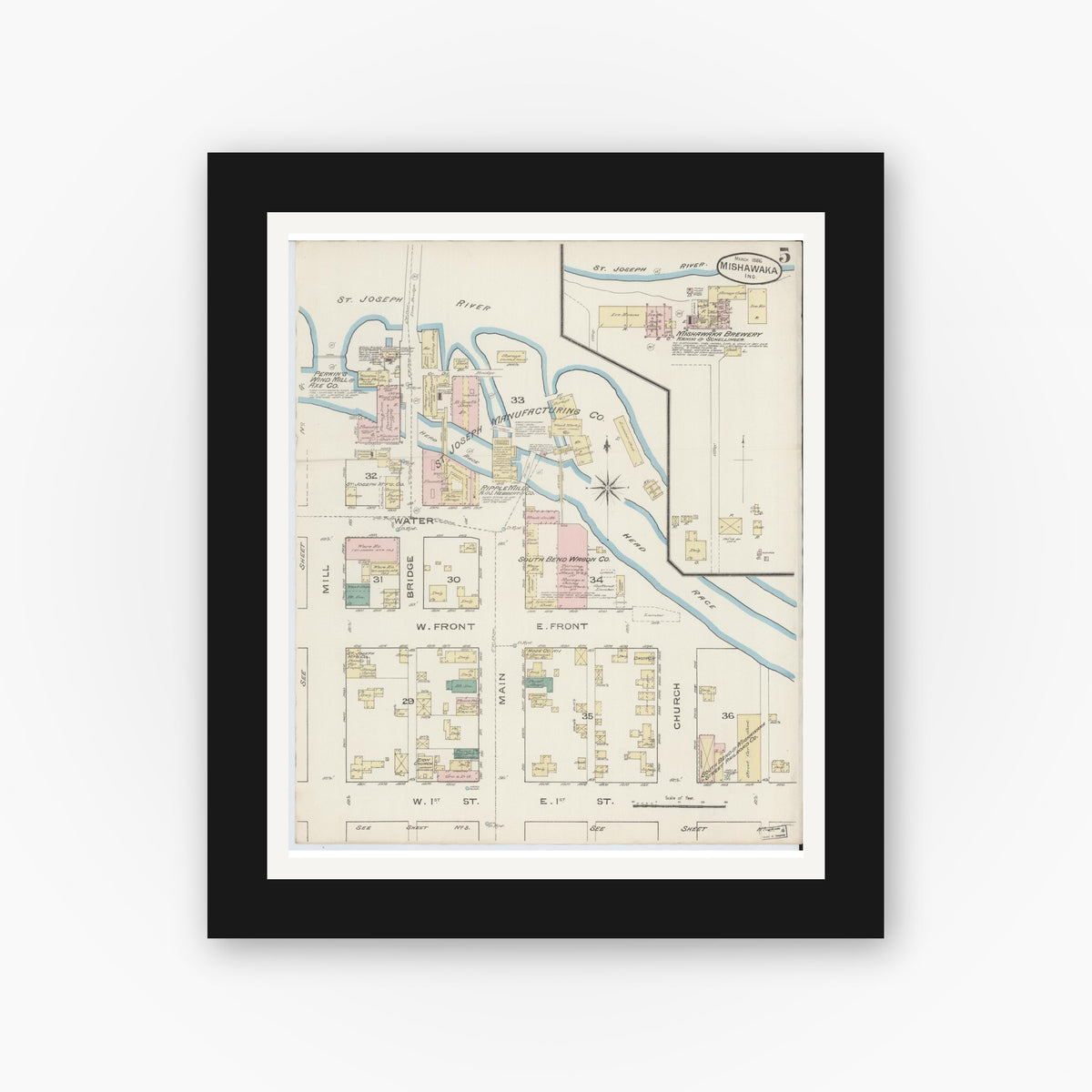 Old map wall art mockup — black gallery frame with white mat — Sanborn Fire Insurance Map from Mishawaka, Saint Joseph County, Indiana (1886), Sheet #0005