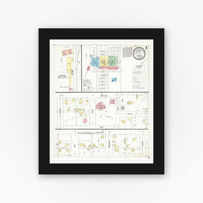 Old map wall art mockup — black gallery frame with white mat — Sanborn Fire Insurance Map from Toledo, Tama County, Iowa (1899) â€” Complete Set