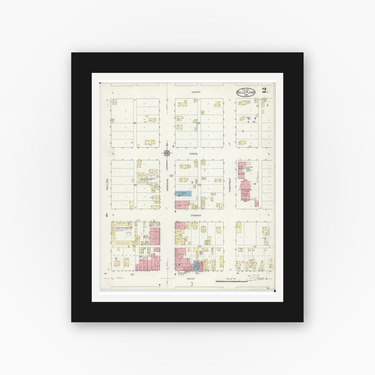 Old map wall art mockup — black gallery frame with white mat — Sanborn Fire Insurance Map from Belle Plaine, Scott County, Minnesota (1914), Sheet #0002