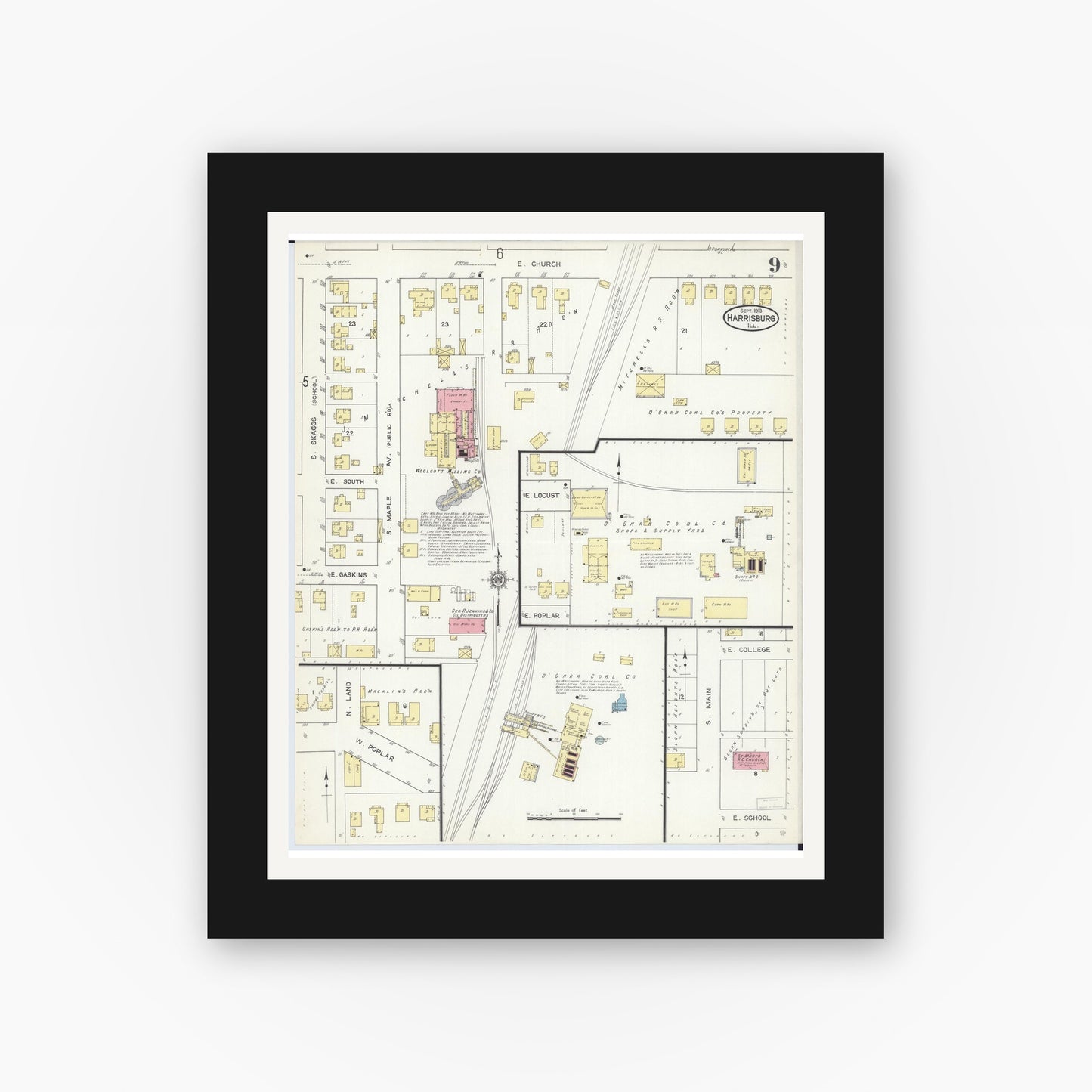 Old map wall art mockup — black gallery frame with white mat — Sanborn Fire Insurance Map from Harrisburg, Saline County, Illinois (1913), Sheet #0009