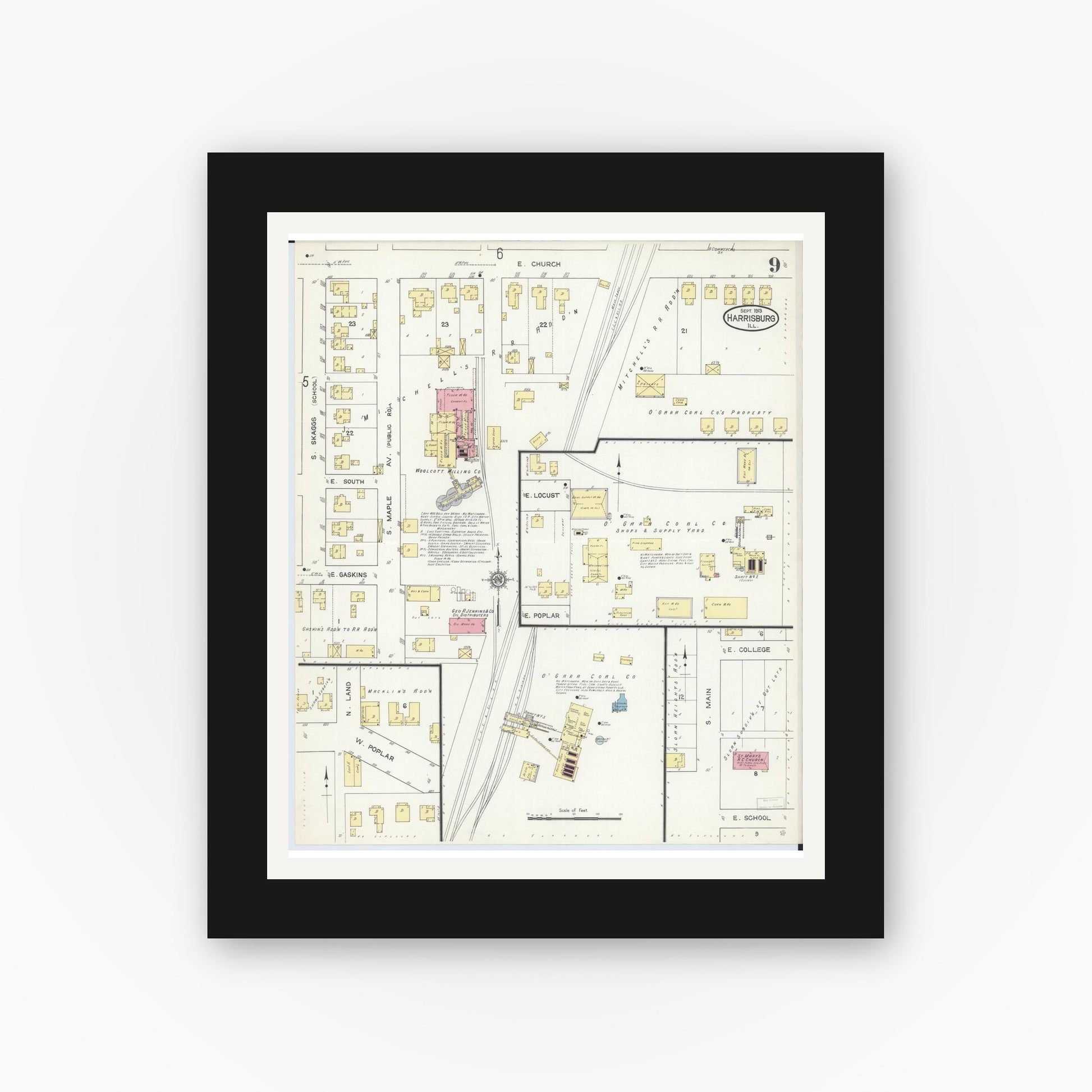 Old map wall art mockup — black gallery frame with white mat — Sanborn Fire Insurance Map from Harrisburg, Saline County, Illinois (1913), Sheet #0009