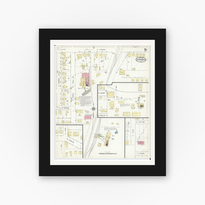 Old map wall art mockup — black gallery frame with white mat — Sanborn Fire Insurance Map from Harrisburg, Saline County, Illinois (1913), Sheet #0009