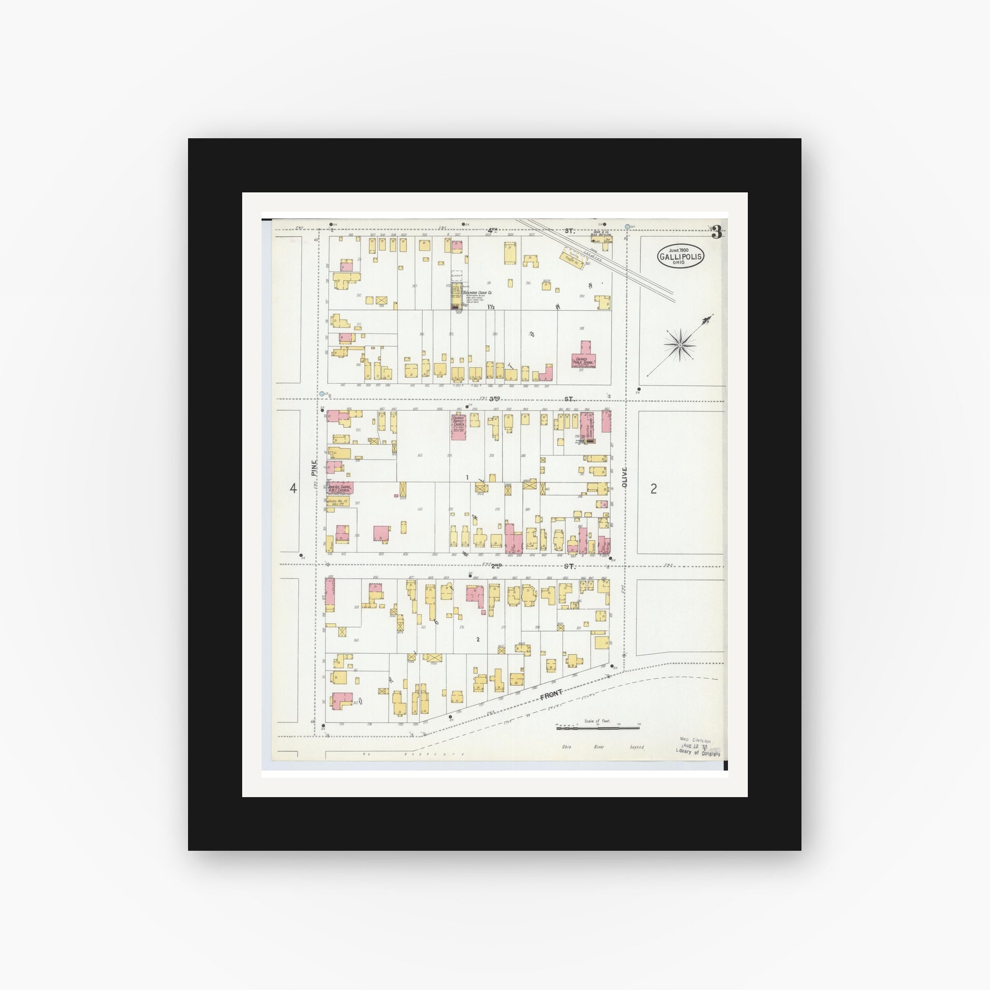 Old map wall art mockup — black gallery frame with white mat — Sanborn Fire Insurance Map from Gallipolis, Gallia County, Ohio (1900), Sheet #0003