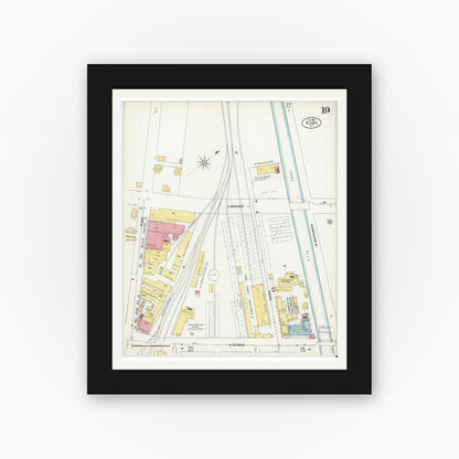 Old map wall art mockup — black gallery frame with white mat — Sanborn Fire Insurance Map from Rome, Oneida County, New York (1899), Sheet #0019