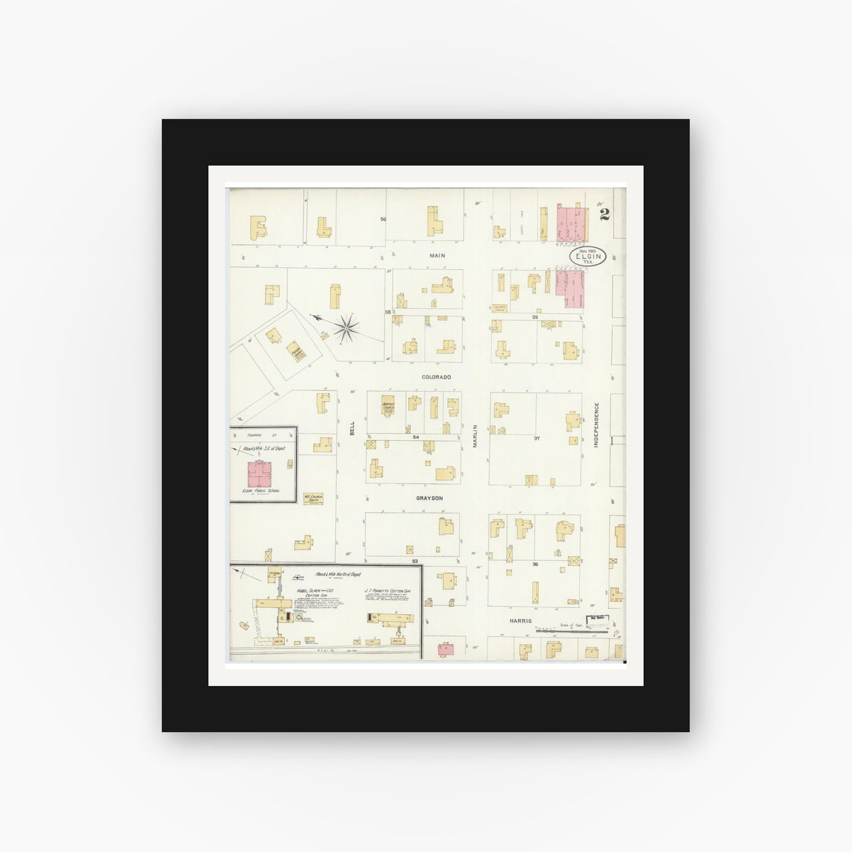 Old map wall art mockup — black gallery frame with white mat — Sanborn Fire Insurance Map from Elgin, Bastrop County, Texas (1905), Sheet #0002