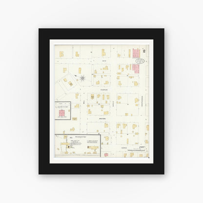 Old map wall art mockup — black gallery frame with white mat — Sanborn Fire Insurance Map from Elgin, Bastrop County, Texas (1905), Sheet #0002