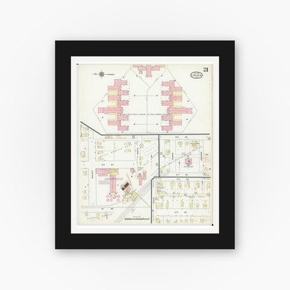 Old map wall art mockup — black gallery frame with white mat — Sanborn Fire Insurance Map from Lincoln, Logan County, Illinois (1914), Sheet #0021