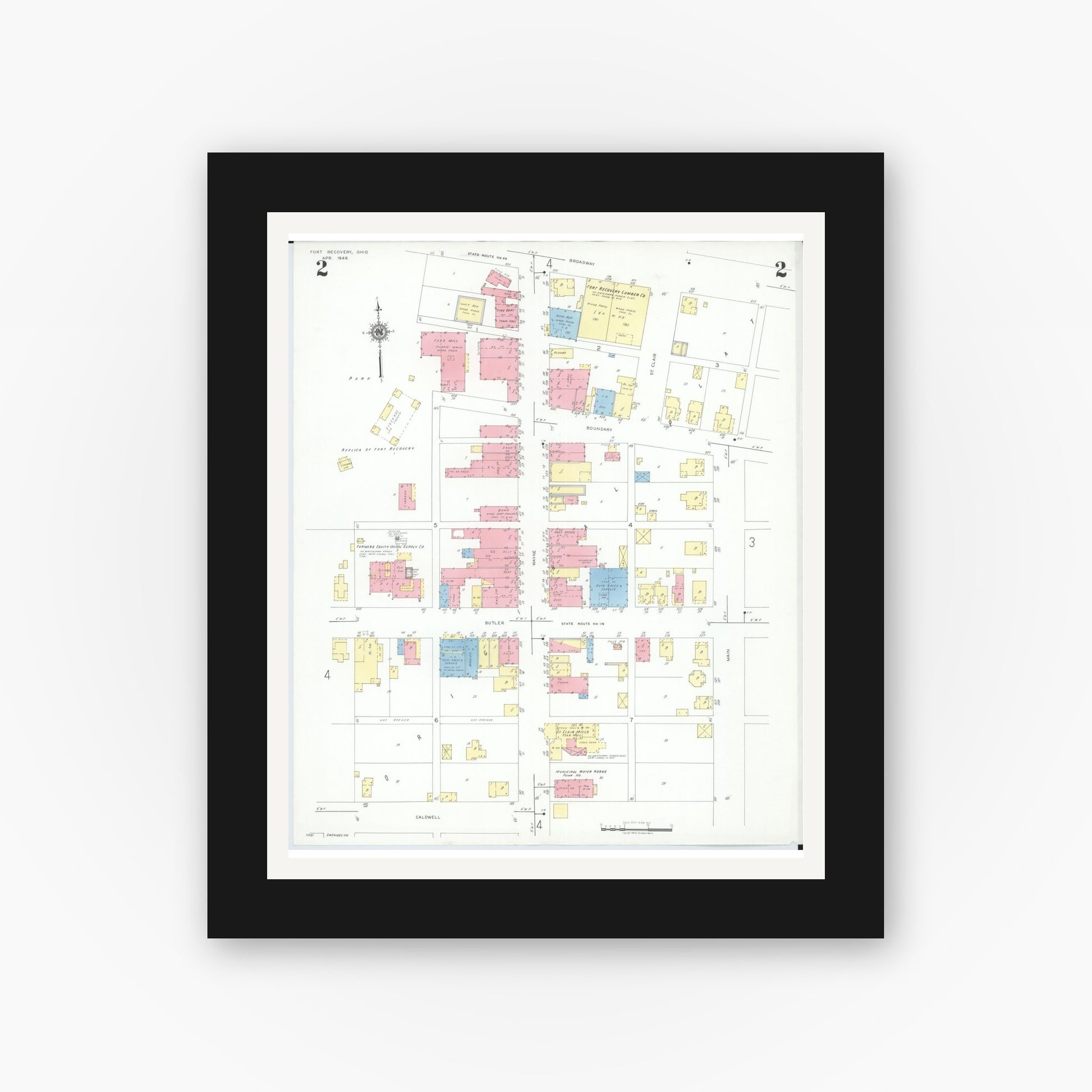 Old map wall art mockup — black gallery frame with white mat — Sanborn Fire Insurance Map from Fort Recovery, Mercer County, Ohio (1946), Sheet #0002