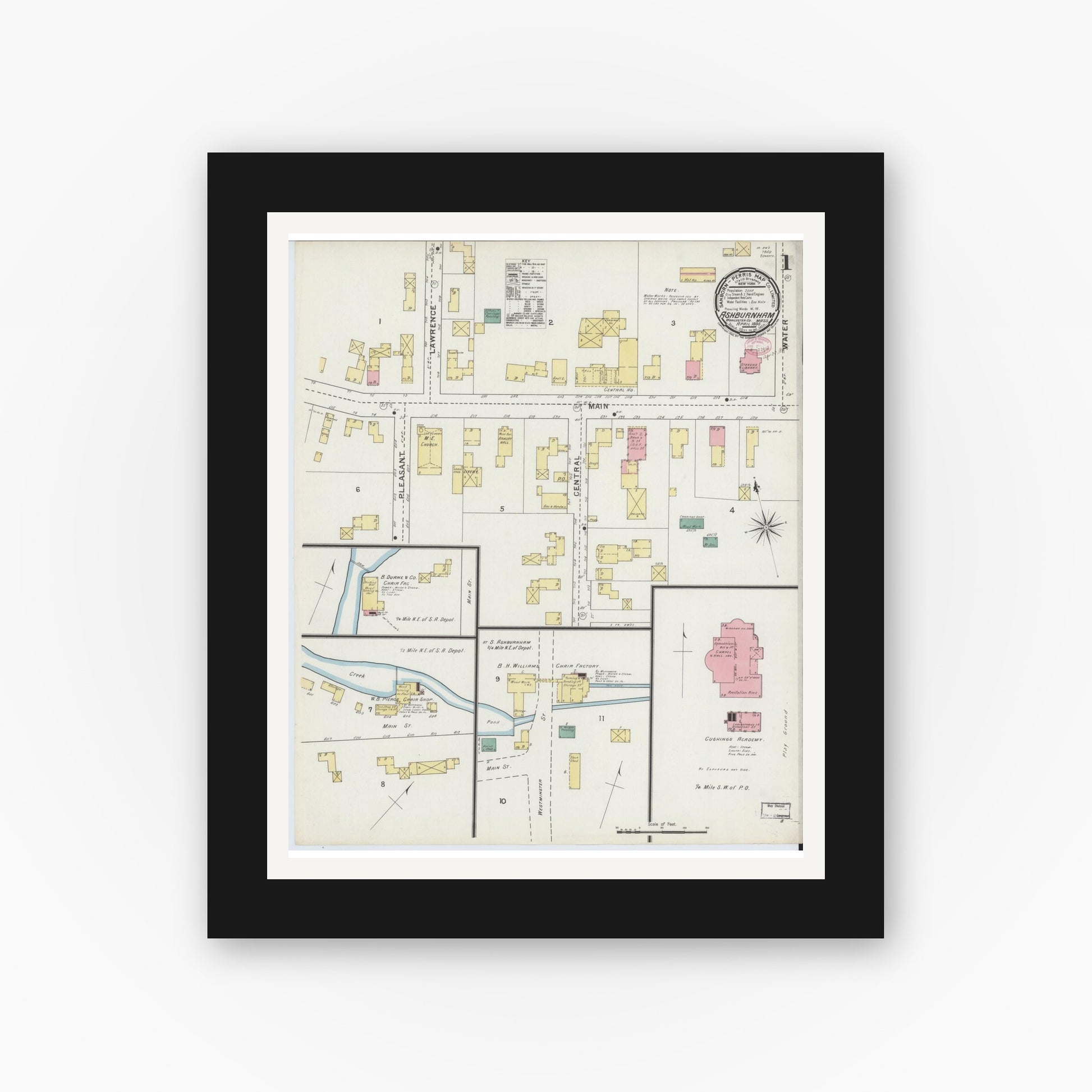 Old map wall art mockup — black gallery frame with white mat — Sanborn Fire Insurance Map from Ashburnham, Worcester County, Massachusetts (1895), Sheet #0001