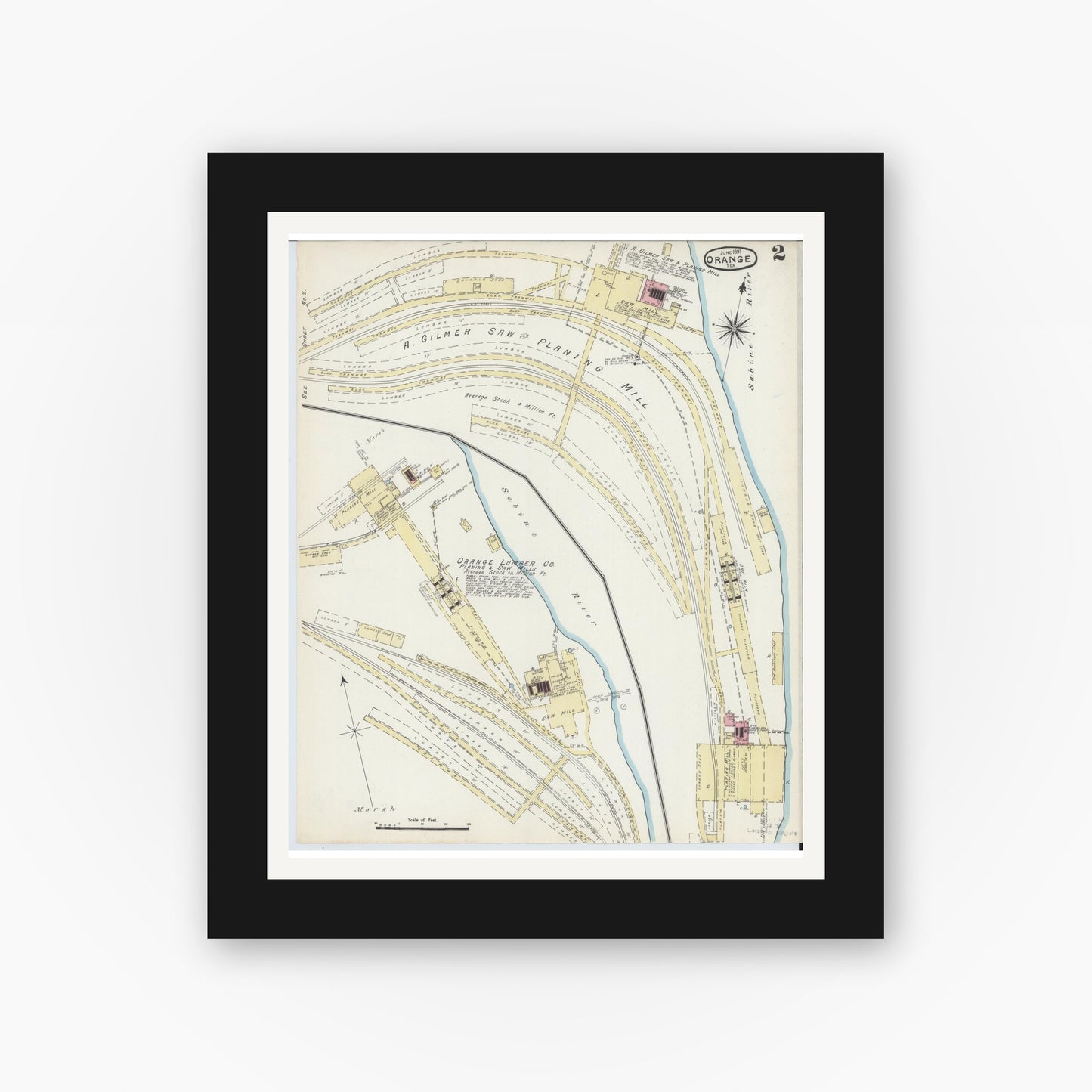 Old map wall art mockup — black gallery frame with white mat — Sanborn Fire Insurance Map from Orange, Orange County, Texas (1891), Sheet #0002