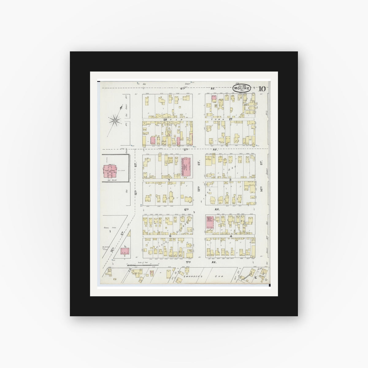 Old map wall art mockup — black gallery frame with white mat — Sanborn Fire Insurance Map from Moline, Rock Island County, Illinois (1892), Sheet #0010