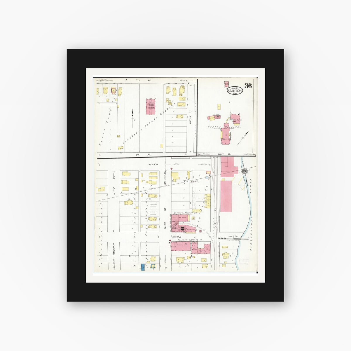 Old map wall art mockup — black gallery frame with white mat — Sanborn Fire Insurance Map from Clinton, Clinton County, Iowa (1917), Sheet #0036
