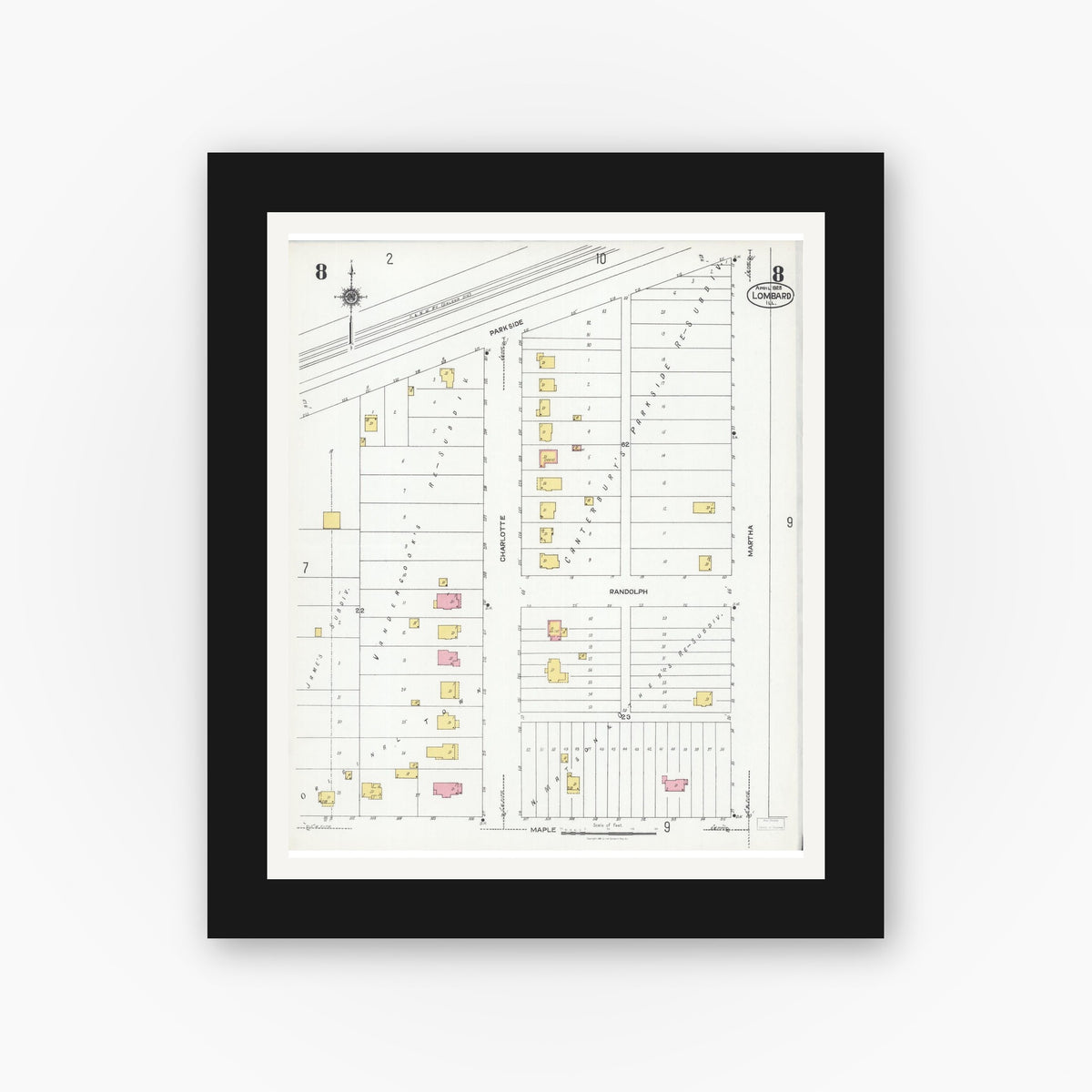 Old map wall art mockup — black gallery frame with white mat — Sanborn Fire Insurance Map from Lombard, Du Page County, Illinois (1925), Sheet #0008