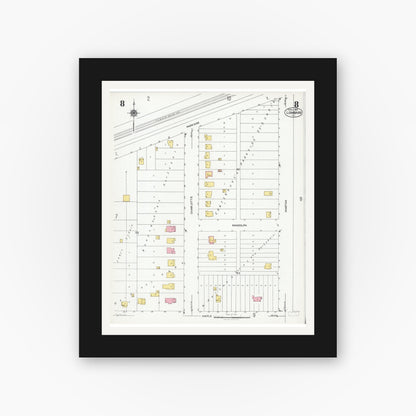 Old map wall art mockup — black gallery frame with white mat — Sanborn Fire Insurance Map from Lombard, Du Page County, Illinois (1925), Sheet #0008