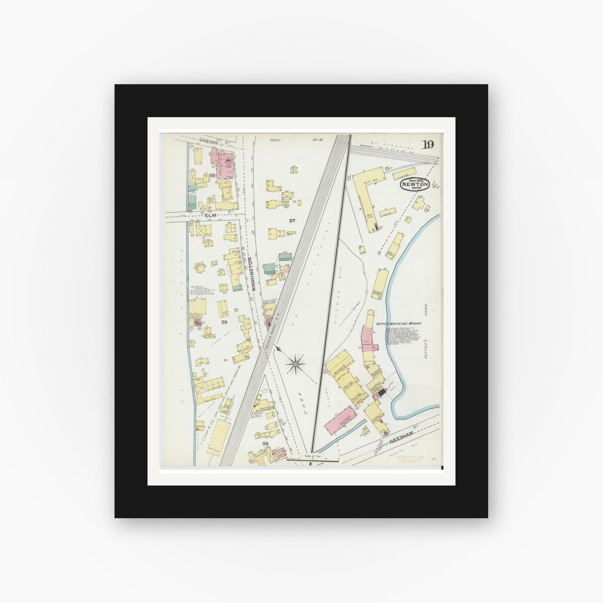 Old map wall art mockup — black gallery frame with white mat — Sanborn Fire Insurance Map from Newton, Middlesex County, Massachusetts (1892), Sheet #0019