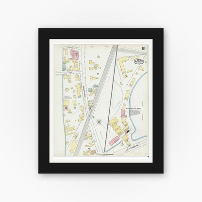 Old map wall art mockup — black gallery frame with white mat — Sanborn Fire Insurance Map from Newton, Middlesex County, Massachusetts (1892), Sheet #0019