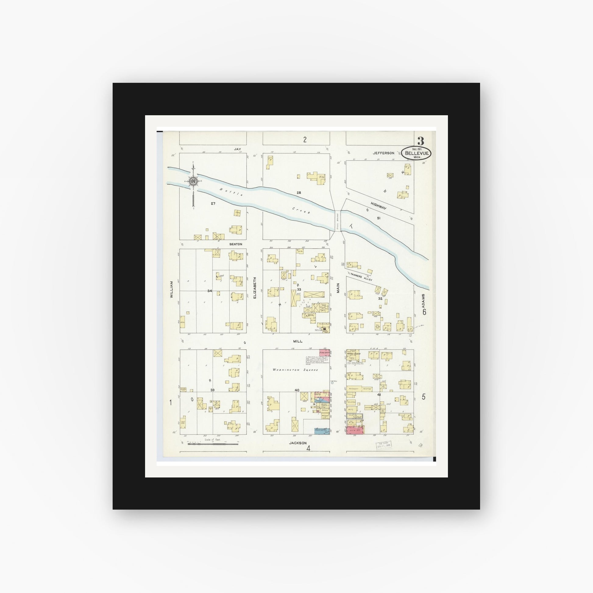 Old map wall art mockup — black gallery frame with white mat — Sanborn Fire Insurance Map from Bellevue, Eaton County, Michigan (1911), Sheet #0003