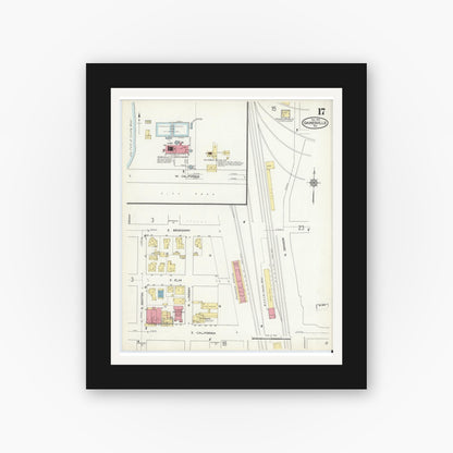 Old map wall art mockup — black gallery frame with white mat — Sanborn Fire Insurance Map from Gainesville, Cooke County, Texas (1913), Sheet #0017