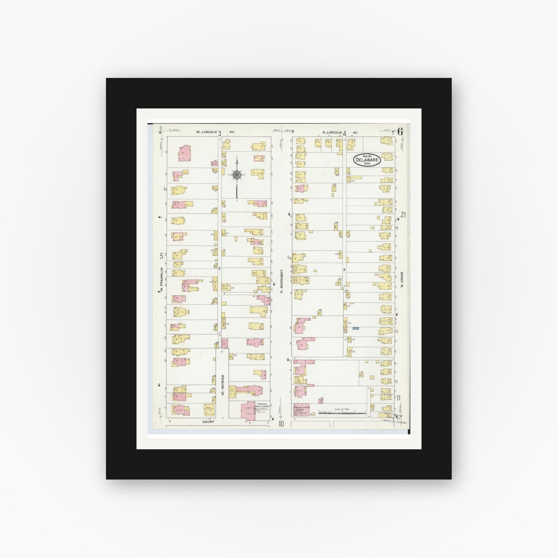 Old map wall art mockup — black gallery frame with white mat — Sanborn Fire Insurance Map from Delaware, Delaware County, Ohio (1911), Sheet #0006