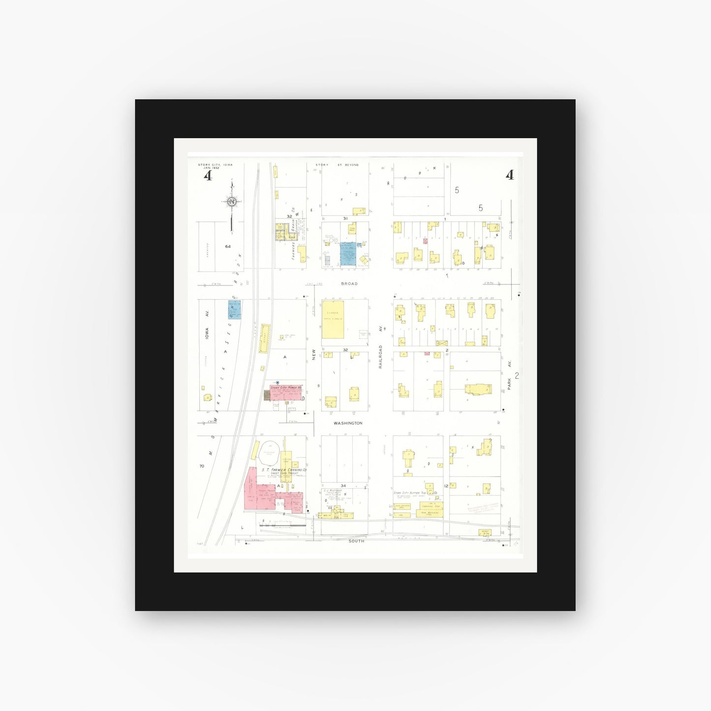 Old map wall art mockup — black gallery frame with white mat — Sanborn Fire Insurance Map from Story City, Story County, Iowa (1932), Sheet #0004