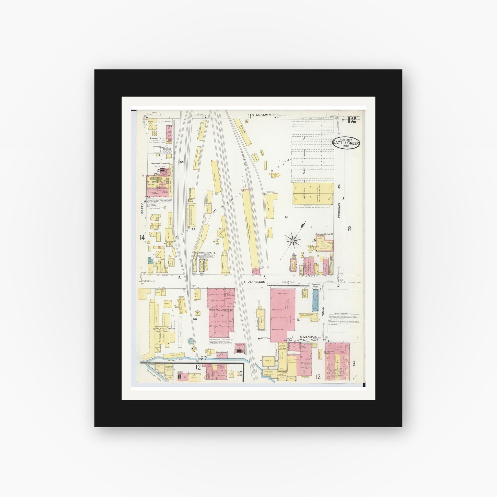 Old map wall art mockup — black gallery frame with white mat — Sanborn Fire Insurance Map from Battle Creek, Calhoun County, Michigan (1907), Sheet #0012