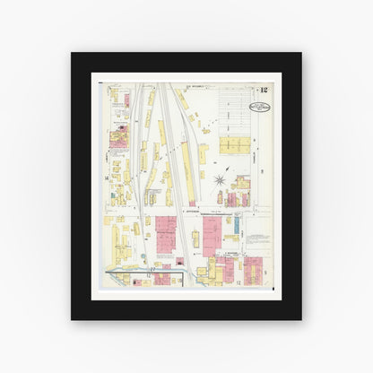 Old map wall art mockup — black gallery frame with white mat — Sanborn Fire Insurance Map from Battle Creek, Calhoun County, Michigan (1907), Sheet #0012
