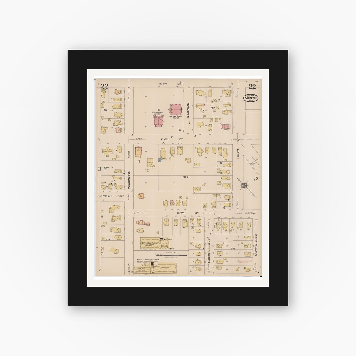 Old map wall art mockup — black gallery frame with white mat — Sanborn Fire Insurance Map from Monroe, Monroe County, Michigan (1922), Sheet #0022