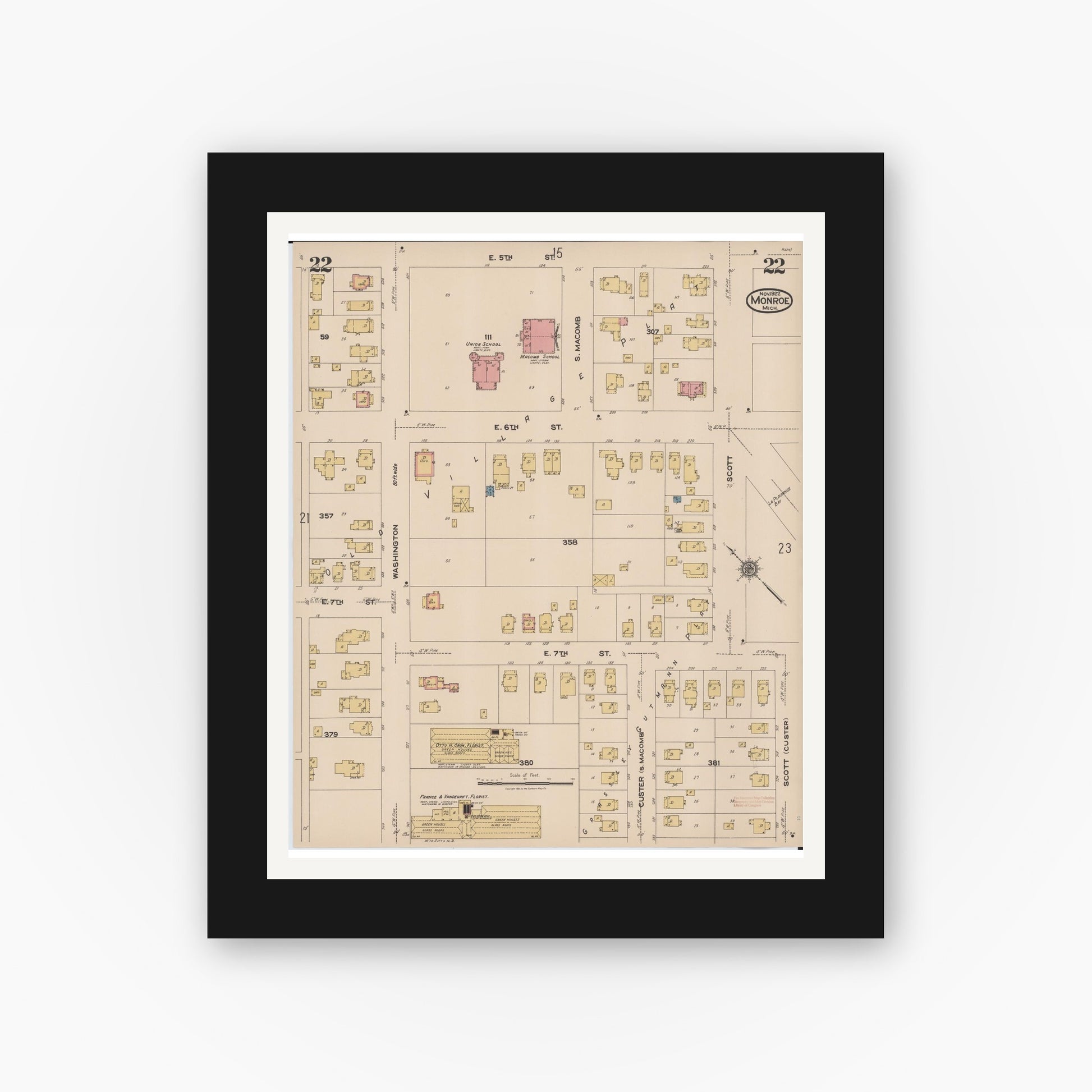 Old map wall art mockup — black gallery frame with white mat — Sanborn Fire Insurance Map from Monroe, Monroe County, Michigan (1922), Sheet #0022