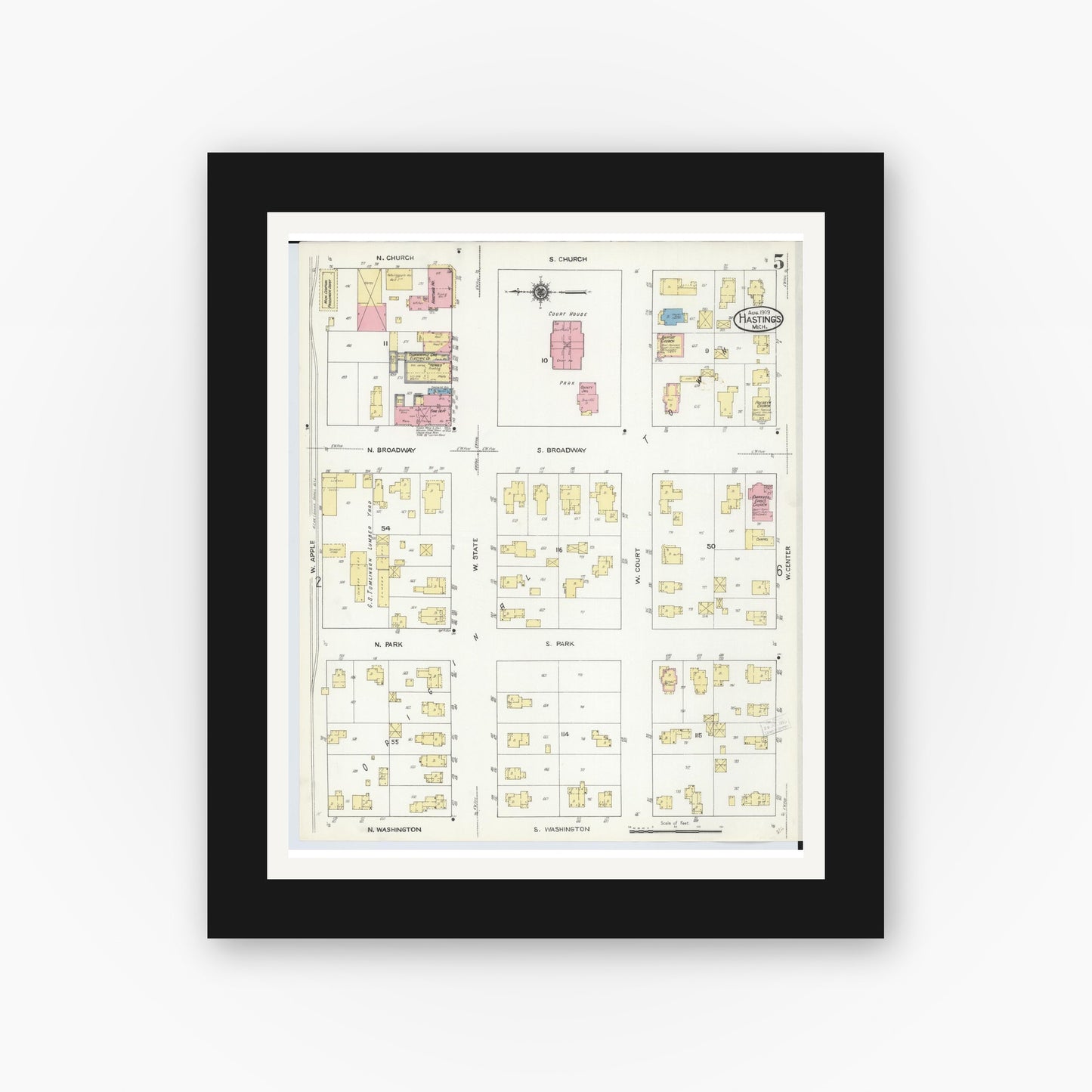 Old map wall art mockup — black gallery frame with white mat — Sanborn Fire Insurance Map from Hastings, Barry County, Michigan (1909), Sheet #0005
