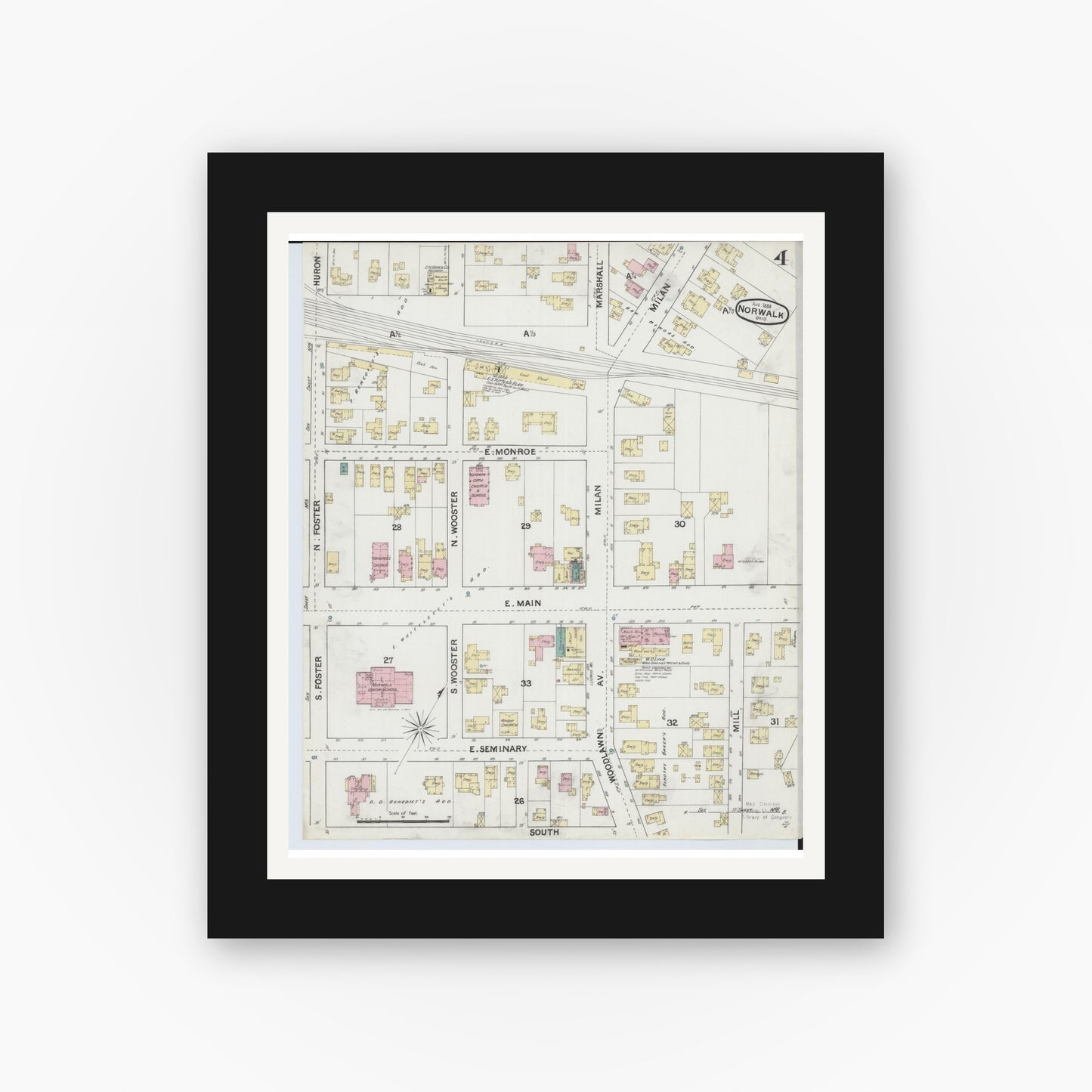 Old map wall art mockup — black gallery frame with white mat — Sanborn Fire Insurance Map from Norwalk, Huron County, Ohio (1888), Sheet #0004