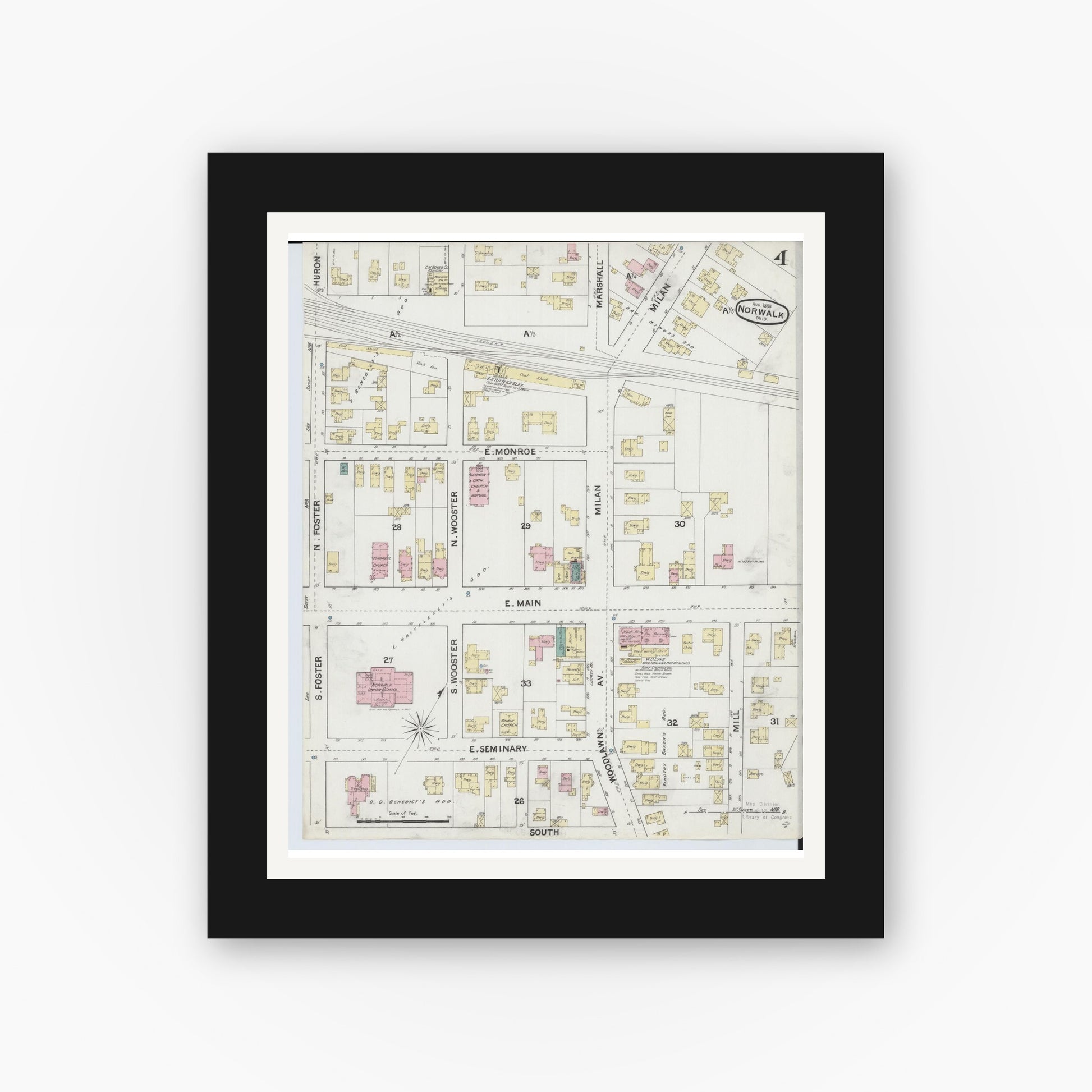 Old map wall art mockup — black gallery frame with white mat — Sanborn Fire Insurance Map from Norwalk, Huron County, Ohio (1888), Sheet #0004
