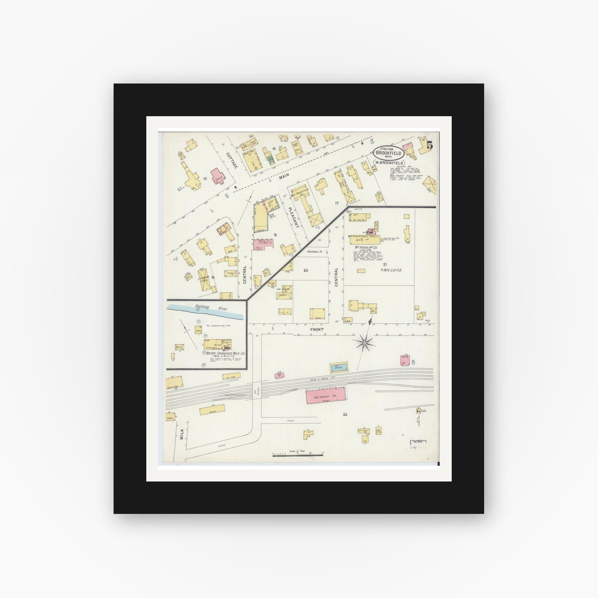 Old map wall art mockup — black gallery frame with white mat — Sanborn Fire Insurance Map from Brookfield, Worcester County, Massachusetts (1898), Sheet #0005