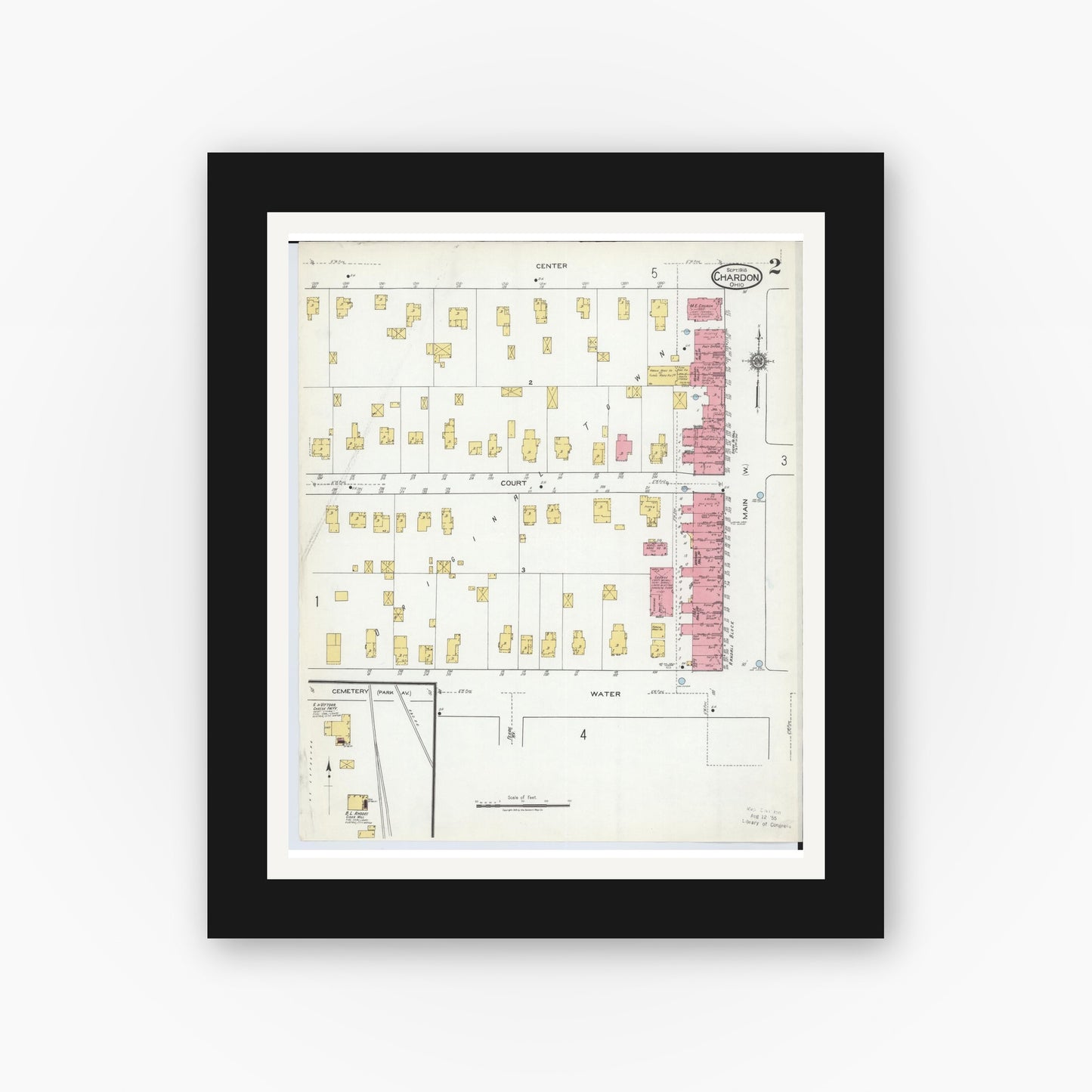 Old map wall art mockup — black gallery frame with white mat — Sanborn Fire Insurance Map from Chardon, Geauga County, Ohio (1918), Sheet #0002