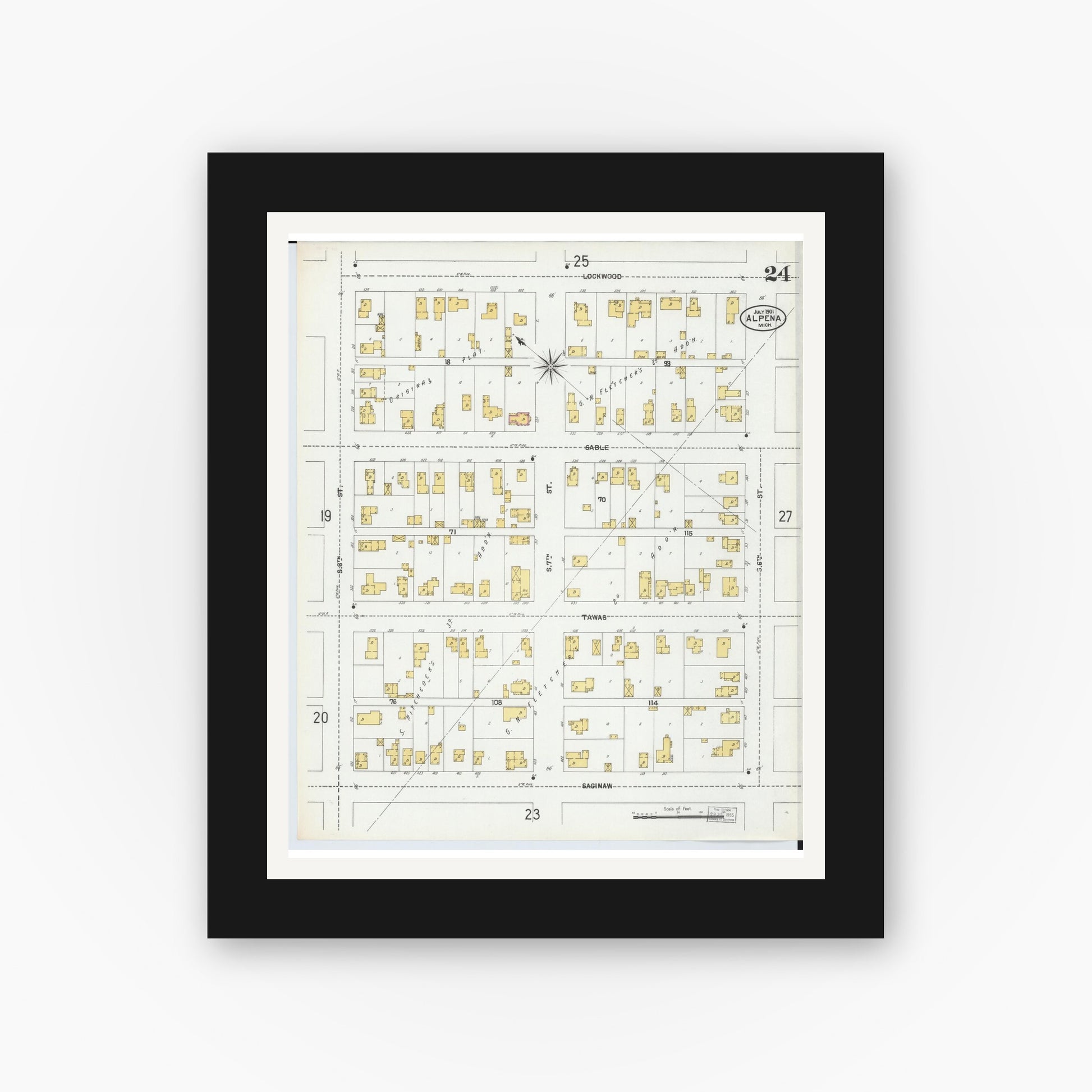 Old map wall art mockup — black gallery frame with white mat — Sanborn Fire Insurance Map from Alpena, Alpena County, Michigan (1901), Sheet #0024