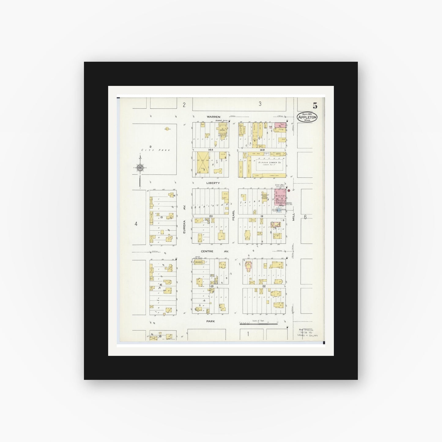 Old map wall art mockup — black gallery frame with white mat — Sanborn Fire Insurance Map from Appleton, Swift County, Minnesota (1915), Sheet #0005