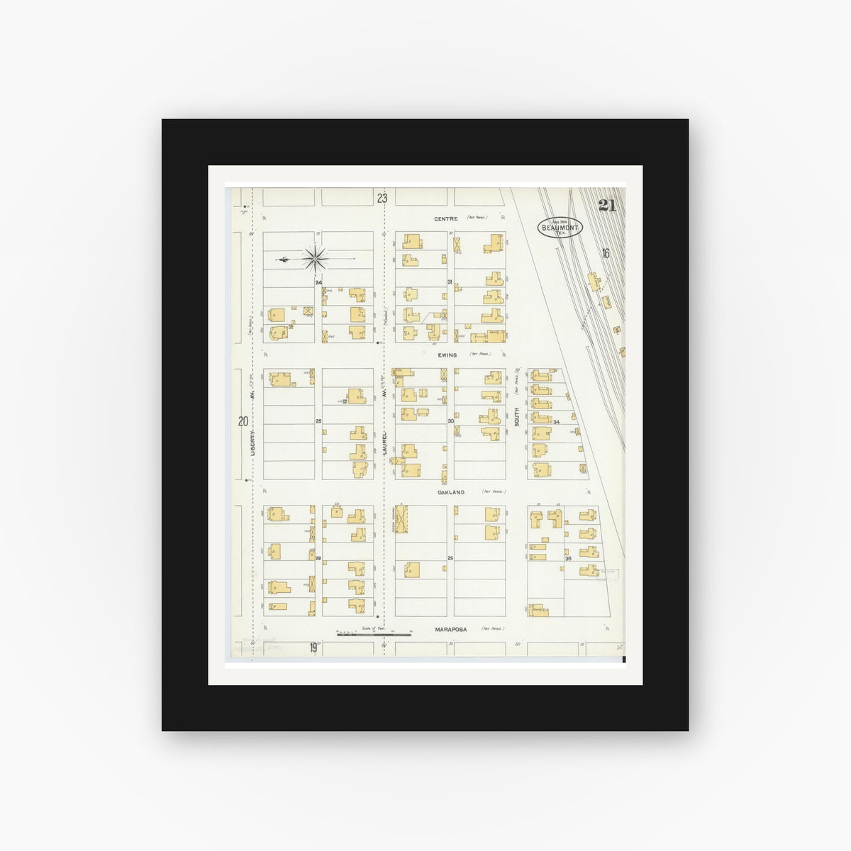 Old map wall art mockup — black gallery frame with white mat — Sanborn Fire Insurance Map from Beaumont, Jefferson County, Texas (1904), Sheet #0021