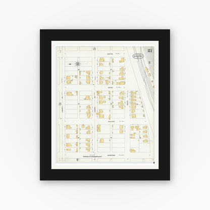 Old map wall art mockup — black gallery frame with white mat — Sanborn Fire Insurance Map from Beaumont, Jefferson County, Texas (1904), Sheet #0021