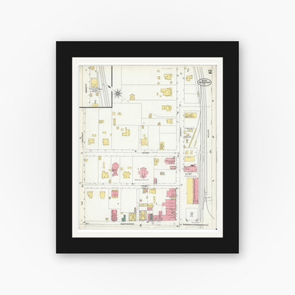 Old map wall art mockup — black gallery frame with white mat — Sanborn Fire Insurance Map from Henderson, Vance County, North Carolina (1907), Sheet #0002