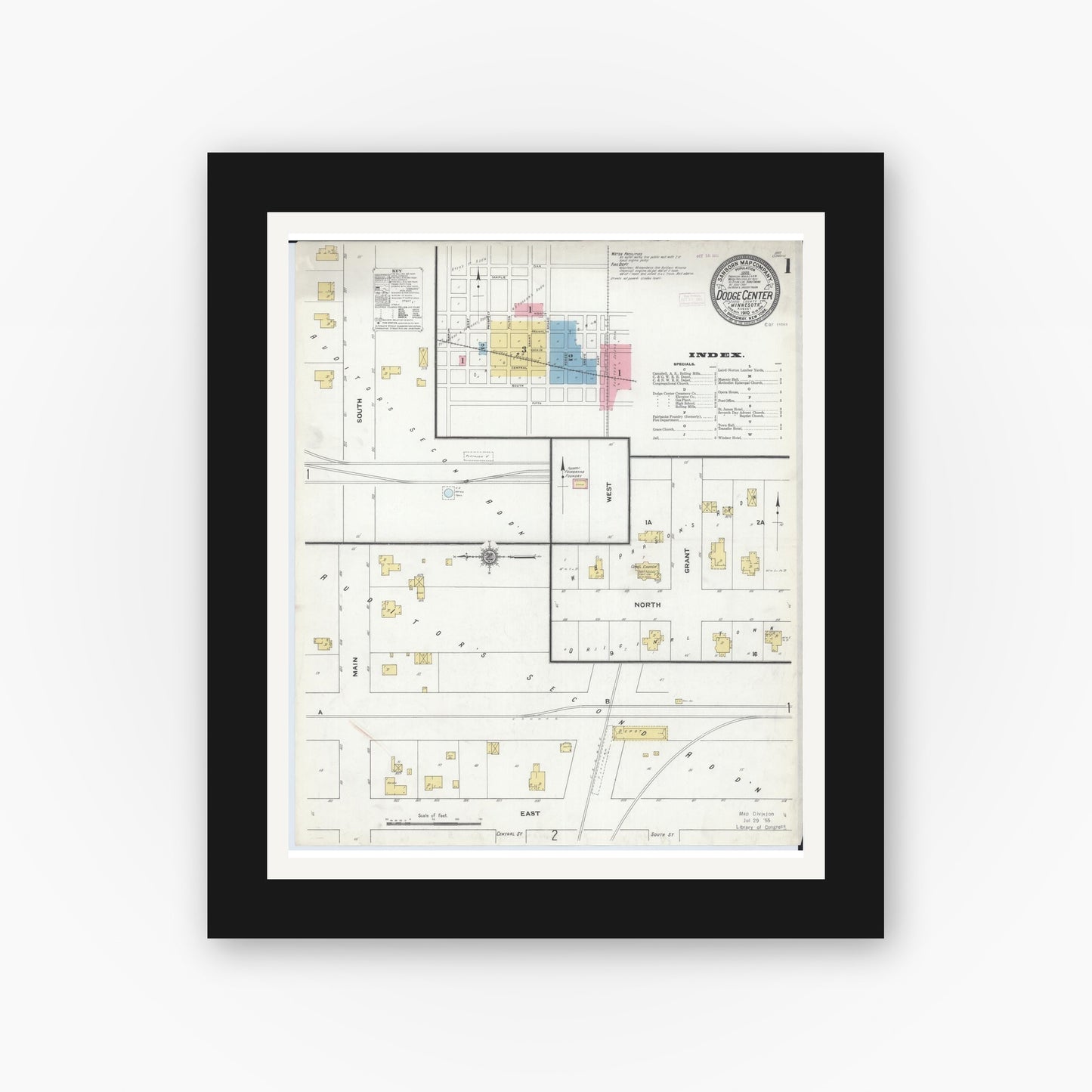Old map wall art mockup — black gallery frame with white mat — Sanborn Fire Insurance Map from Dodge Center, Dodge County, Minnesota (1910) - Complete Map Set