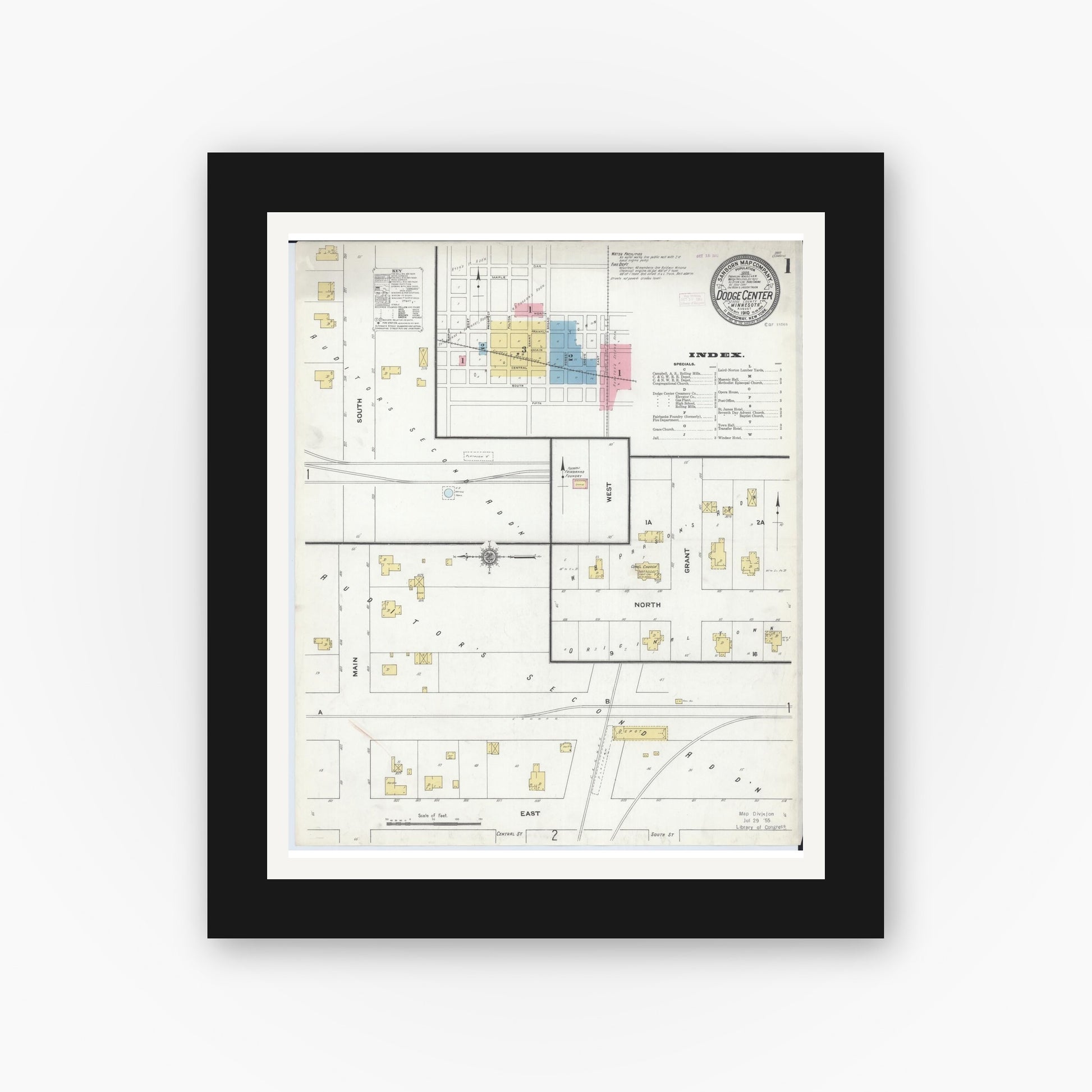 Old map wall art mockup — black gallery frame with white mat — Sanborn Fire Insurance Map from Dodge Center, Dodge County, Minnesota (1910) - Complete Map Set