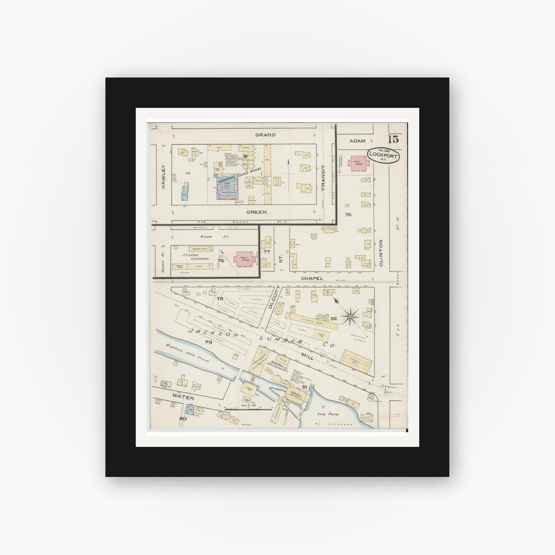Old map wall art mockup — black gallery frame with white mat — Sanborn Fire Insurance Map from Lockport, Niagara County, New York (1886), Sheet #0014